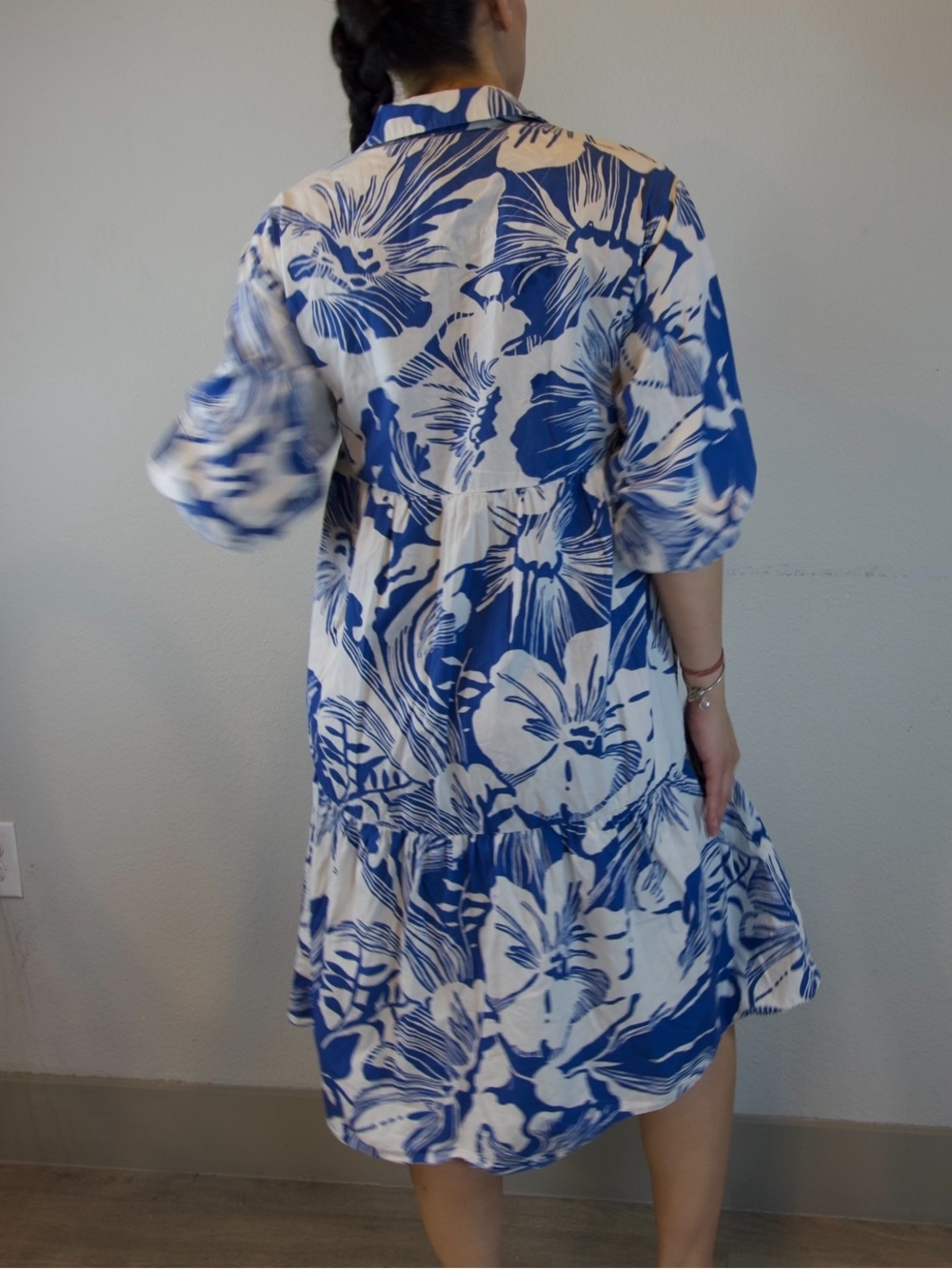 Maeve by Anthropologie Floral Tiered Shirt Dress in Blue and White - Picture 3 of 6